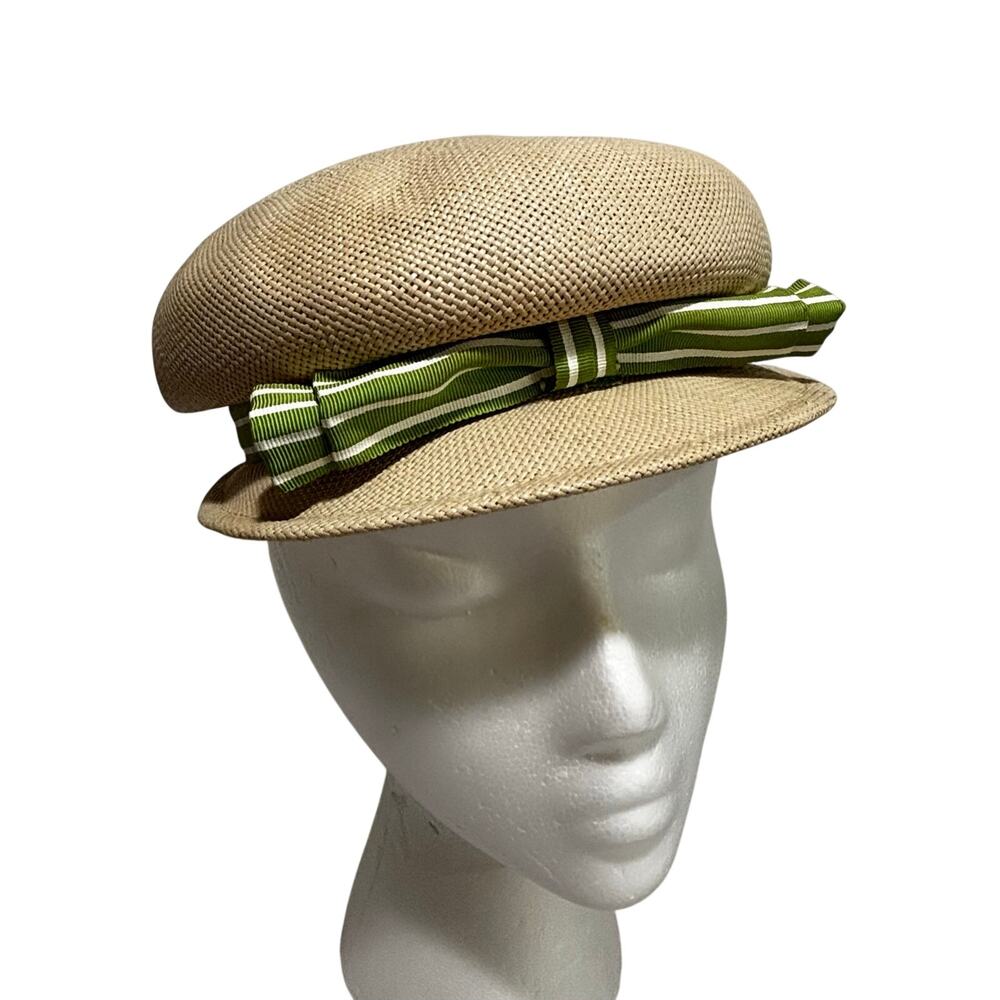 Vintage Union Made beige straw hat cap with green grosgrain ribbon trim hatband - Picture 1 of 8
